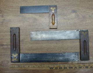 Old Tools,  3 Vintage Stanley Try Squares,  Wood W/brass,  12 ",  No.  20 - 10 ",  No.  20 - 6 "