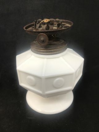 Miniature Milk Glass Oil Lamp Block & Dot Circa 1800s