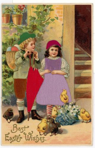 Black & Yellow Easter Chick Silk Applique Dress & Umbrella Girl & Boy 1910s