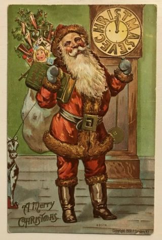 Santa Claus With Grandfather Clock Toys Antique Christmas Postcard - C194