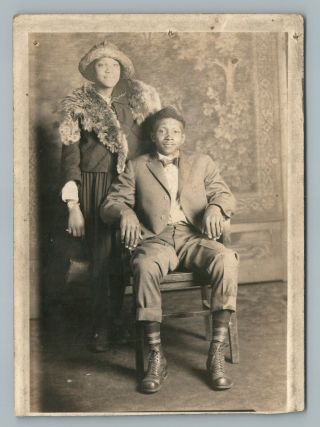Cute Couple In Fancy Clothes—black Americana Rppc Studio Photo (trimmed) 1910s