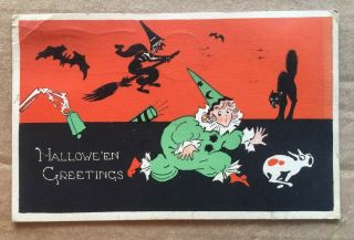 Vintage Gibson Halloween Postcard - Art Deco Cartoon,  Bat,  Witch,  Cat,  Clown 1927