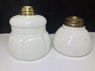 Antique Miniature Oil Lamp Base Opaque White Glass Milk Embossed Two Lamps