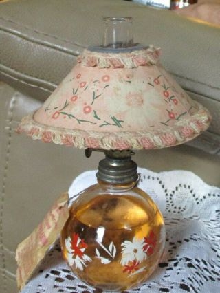 Vintage Miniature Hand Painted Perfumed Oil Lamp With Cardboard Shade 7 3/4 " H