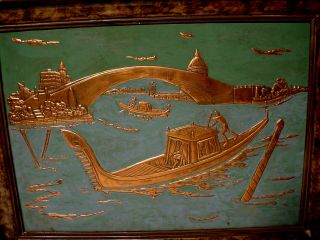 c Atractive Rare Antique Hand Tooled Hammered Venice Italy Scene Copper Picture 2
