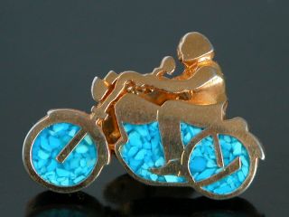 Vintage Turquoise & Gold Tone Biker Motorcycle Rider Hat Lapel Pin