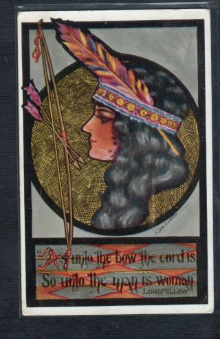 E429 Postcard Artist Signed Cx Shinn Woman In Head Dress Arrows 1912