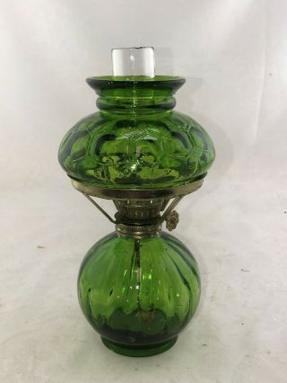 Vintage Gwtw Paneled & Honeycomb Pressed Green Glass Miniature Kerosene Oil Lamp