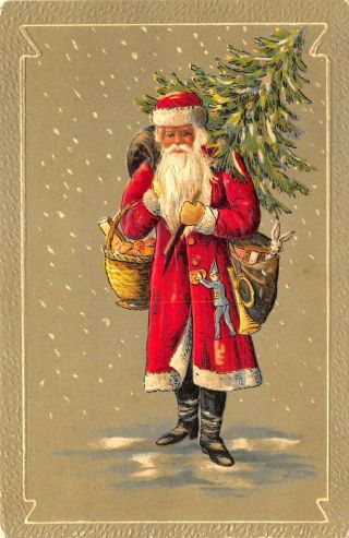Red Robed Santa Claus Toy Baskets Christmas Tree Postcard