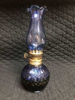 Vintage Cobalt Blue Glass Mini Hurricane Oil Lamp Made In Hong Kong