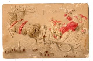 1907 Santa Claus Embossed Postcard Merry Christmas Reindeer & Sleigh St Marys Wv