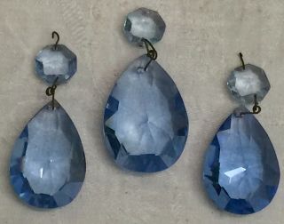 3 Large Vtg Faceted Teardrop Blue Glass Antique Crystal Prism Lamp Jewelry Craft