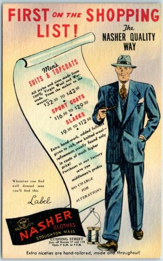 1940s Linen Advertising Postcard Nasher Clothes Men 
