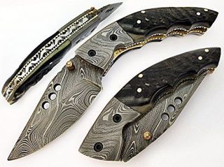 Catch A Alligator Damascus Steel Hand Made Folding Knife Ram Horn Handl At - 1261