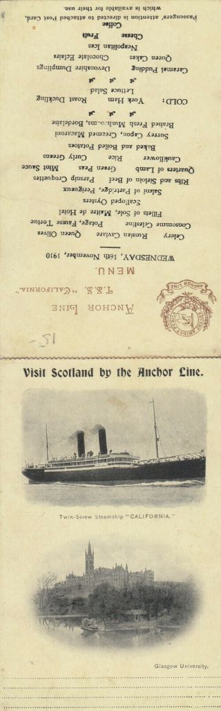 Glasgow,  Scotland,  1900 - 10s ; University & Ship " California " ; Menu