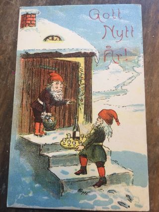 Vintage Mini Swedish Postcard Gnomes Elves Christmas Year Champagne