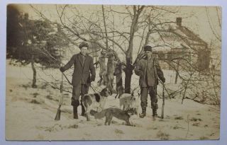 1907 Two Fox Hunters W Shotgun,  Rifle,  Dogs & Decoy? - Real Photo Postcard