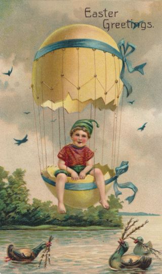 1908 Child In Easter Egg Hot Air Balloon Embossed European Easter Postcard