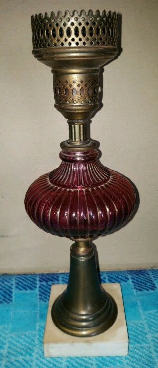 Vintage Cranberry Red Glass Table Lamp Marble & Brass Base,  Bonus ◇jewelry Set◇