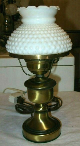Small Hurricane Boudoir Table Lamp With White Milk Glass Hobnail Pattern Shade