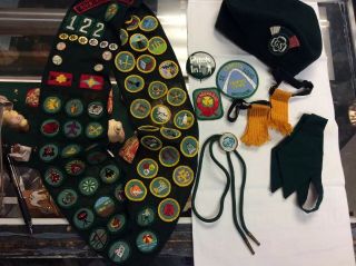 Vintage Girl Scout Sash With Patches,  Pins And Beanie Etc.