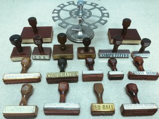 Vintage Office Rubber Stamp Holder And 17 Wood Handled Office Rubber Stamps