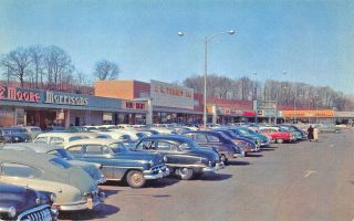Hamden Ct " The Shopping Center " Rexall Drug Store Storefronts Old Cars Postcard