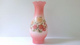Vintage Pink Floral Milk Glass Hurricane Style Lamp Shade W/ Roses Scalloped Top