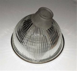 Antique Pat 1920 Industrial Ribbed Glass Vintage Light / Lamp Shade W/ Deflector