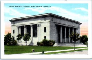 Port Arthur,  Texas Postcard " Gates Memorial Library " Street View Kropp C1940s