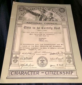 Vintage 1938 Boy Scouts Of America Certificate Of Character Citizenship Origina