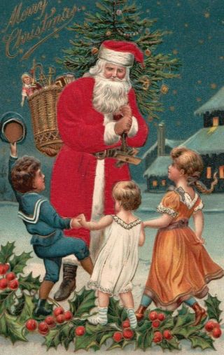 Silk Santa Claus With Dancing Children Holly & Toys Christmas Postcard -