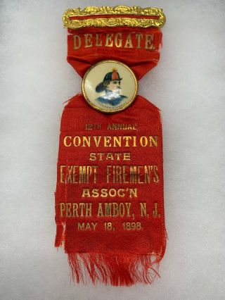 1898 Delegate 12th Convention State Exempt Firemens Assoc Perth Amboy,  Nj Ribbon