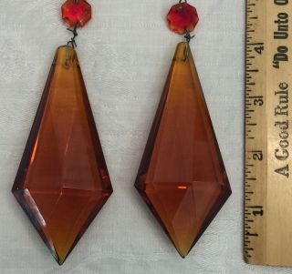Pair (2) Amber Large Glass 4 " Vtg.  Antique Crystal Prisms Faceted Pendants Lamps