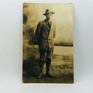 Postcard Vintage Soldier Man Wearing A Hat Boots Dress Coat Portrait Photo A - 19