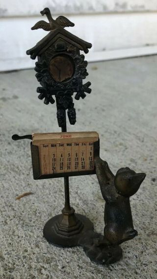 Antique Figural Desktop Calendar Holder Cat And Street Corner Clock Bird On Top