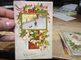 Vintage Old Antique Victorian Era Merry Christmas Postcard Mistletoe Hunter Dog