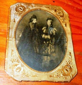 Quarter Plate Antique Tintype Photo Two Lovely Ladies In Their Expensive Furs