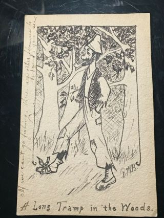 Antique Postcard Hand Drawn A Long Tramp In The Woods To Bloomingdale Mi 1909