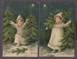 2 Eas Christmas Antique Postcards Star Child In White Carries Trees