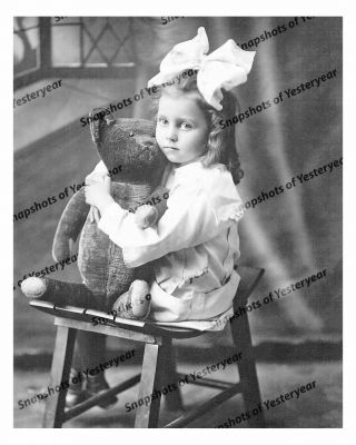 1900s Era Vintage Photo - Little Girl Wearing Bow - Holding Teddy Bear - 8x10 In