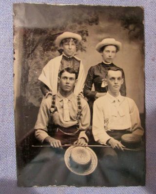 2 UNUSUAL ANTIQUE TINTYPE GROUP PHOTOS WITH CARNIVAL CANES 4