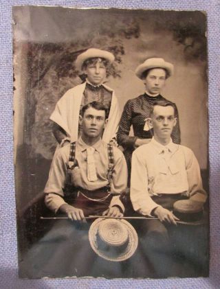 2 UNUSUAL ANTIQUE TINTYPE GROUP PHOTOS WITH CARNIVAL CANES 5