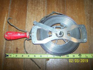 Vintage Lufkin Rule Co.  100 Ft.  Surveyors Tape Measure Wood Handle Tool Usa