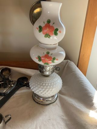 Vintage Milk Glass Hobnail Lamp Base With Floral Hurricane Style Chimney Shade