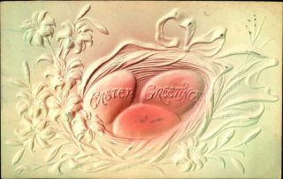 Easter Greetings Airbrushed Eggs Nest Lily Ribbon Embossed Mailed C1910