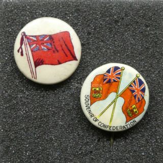 2 X Antique Pin Back Buttons Canadian Flags & Confederation Celluloid 3/4 "