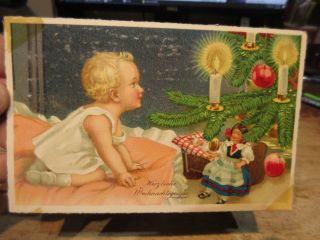 Vintage Old Antique Victorian Era Merry Christmas Postcard German Language Baby