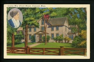 Massachusetts Ma Linen Postcard Concord Louisa May Alcott House Tichnor