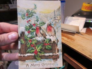 Vintage Old Antique Victorian Era Merry Christmas Postcard Robins Birds On Fence